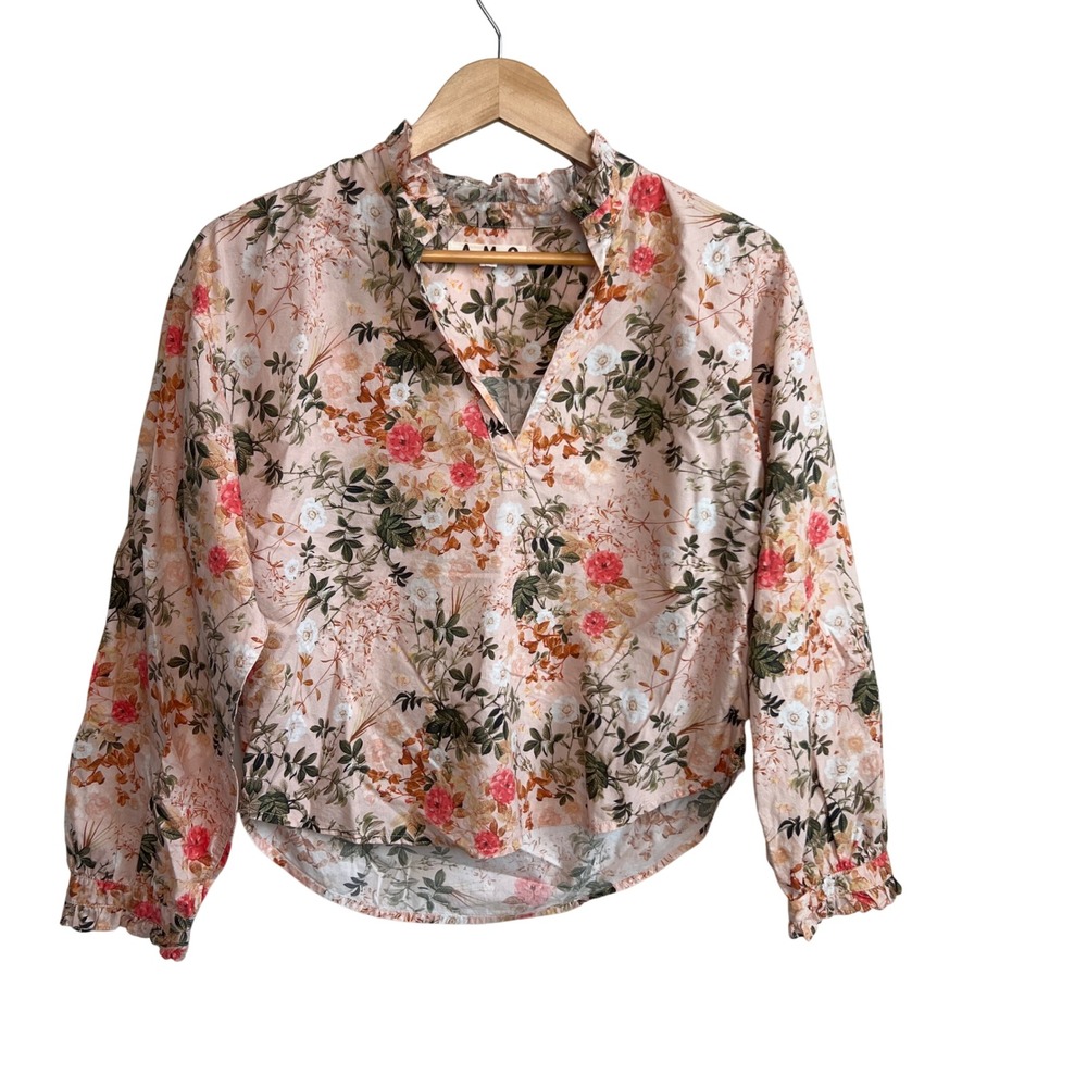AMO 100% Pima Cotton Floral Print Ruffle Neck V-Neck Blouse XS